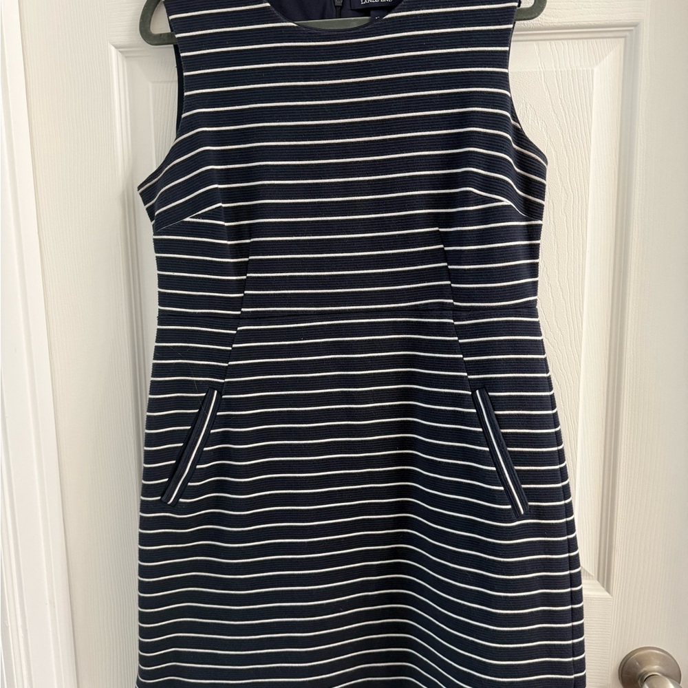 Lands' End Navy White Striped Knit Sleeveless Sheath Dress with Pockets! 12P